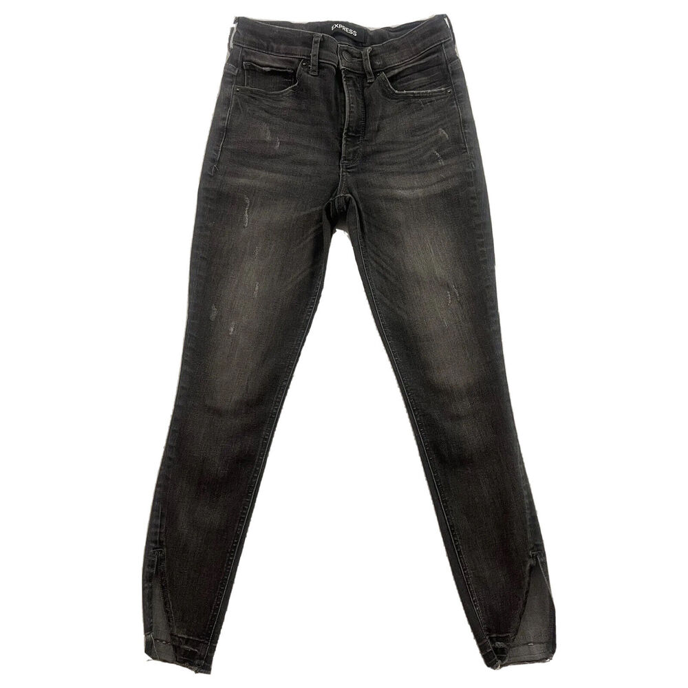 Express Jeans Womens 4 Black Skinny Ankle Hi Rise Stretch Split Raw Hem Denim